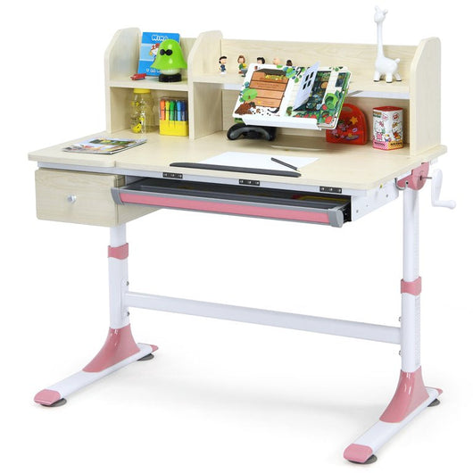 Costway Adjustable Height Kids Study Desk Drafting Table with Bookshelf & Hutch, Pink!   -New in the box