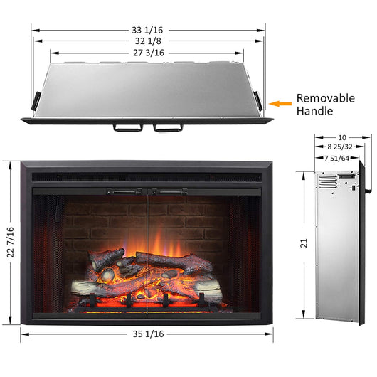 PuraFlame Klaus Electric Fireplace Insert with Fire Crackling Sound, Glass Door and Mesh Screen, 750/1500W, Black, 33 1/16 Inches Wide, 21 Inches High**New in box**