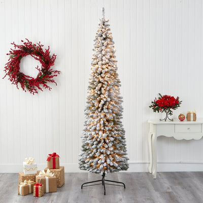 Nearly Natural 8ft. Flocked Pencil Artificial Christmas Tree with 500 Clear Lights and 646 Bendable Branches**New in box**