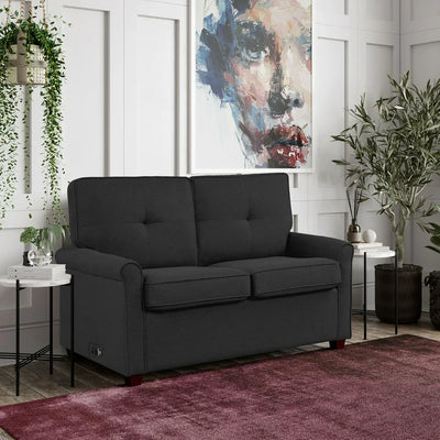 Lifestyle Solutions Anton Convertible Loveseat and Sleeper with USB Power, Black Linen Look**New and assembled,small hole from shipping**