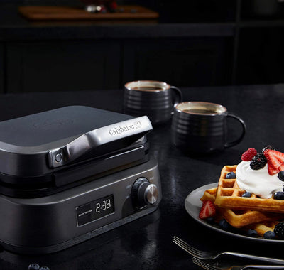 Calphalon Intellicrisp Belgian Waffle Maker with LED Display Timer and Ceramic Cooking Plates, Makes 2 Waffles, Dark Stainless Steel- Lightly Used, Clean and Works Great!!!!