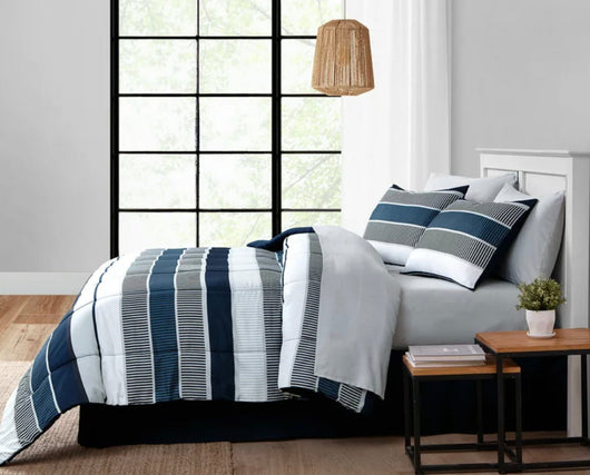 Mainstays Blue Stripe 8 Piece Bed in a Bag Comforter Set With Sheets, Full- NEW IN BAG!!!