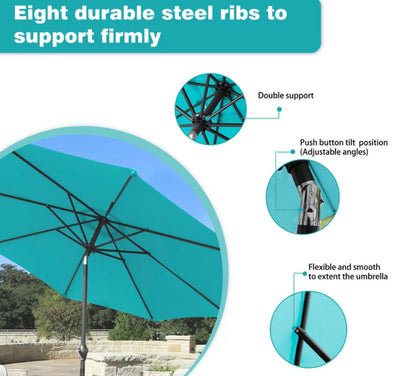Lacoo 9' Blue Patio Umbrella Outdoor Market Table Umbrella with Push Button Tilt, 8 Sturdy Ribs- NEW IN BOX(minor dirt stain from shipping)