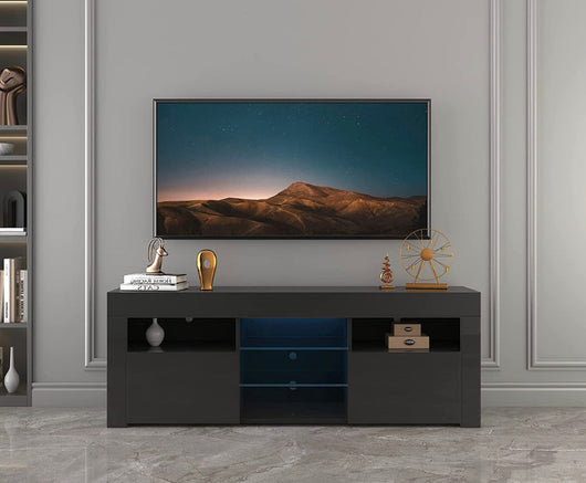 DMAITH TV Stand with LED Lights, 2 Storage Cabinet and Open Shelves High Gloss Entertainment Center Media Console Table Storage Desk for Up to 65 Inch TV, Black (new in the box)
