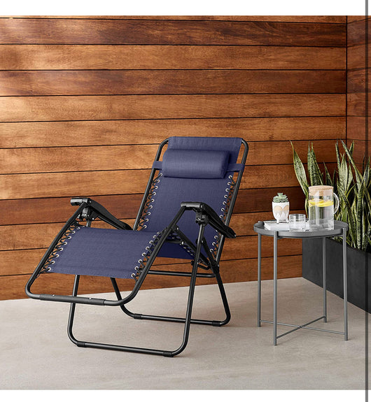 Amazon Basics Outdoor Textilene Adjustable Zero Gravity Folding Reclining Lounge Chair with Pillow, Navy Blue**New**