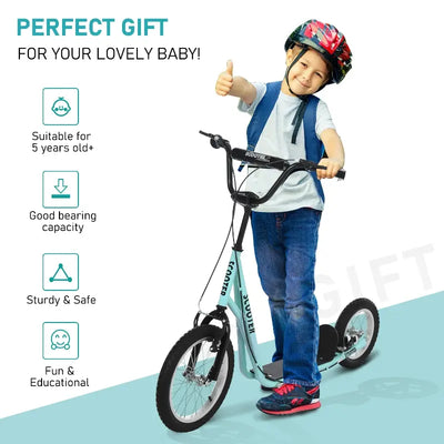 Aosom Teens Youth Scooter Ride On Toy with Adjustable Handlebar, Dual Brakes, and Inflatable Wheels For Kids 5+ - Blue- new and assembled