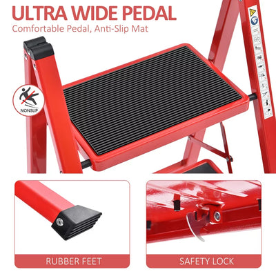 Kingrack 3-Step Stool, Household Folding Non-Slip Step Ladder, Collapsible Stool for Adults, 330lbs Capacity (Red)!  -Brand new