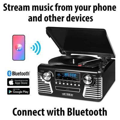Victrola 50's Retro Bluetooth Record Player & Multimedia Center with Built-in Speakers - 3-Speed Turntable, CD Player, AM/FM Radio | Vinyl to MP3 Recording | Wireless Music Streaming | Black**New in box**