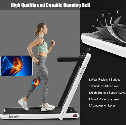 SuperFit 2.25HP 2 in 1 Dual Display Folding Treadmill Jogging Machine W/APP Control White- NEW OUT OF BOX!!! (Minor crack/scratch from shipping)