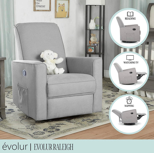 SET OF 2 Evolur Raleigh Upholstered Plush Seating Glider Swivel, Rocker, Recliner, Glider for Nursery in Light Grey, Greenguard Gold Certified, Modern Nursery Recliner, Environmentally Conscious Glider, Set of 2!! NEW OUT OF BOX!!