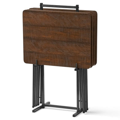 Mainstays 5-Piece Folding Tray Table Set with Stand, Sawcut Brown**New in box**