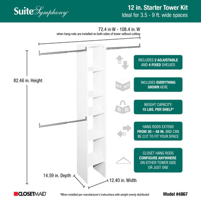 ClosetMaid SuiteSymphony Wood Closet Organizer Starter Kit with Tower and 3 Hang Rods, Shelves, Adjustable, Fits Spaces 4 – 9 ft. Wide, Pure White, 16"**New in box**