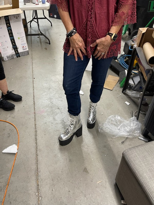 Ochotoros Brogue Spiked Women's Platform Festival Rave Combat Ankle Boots in Silver- NEW IN BOX (Worn once for modeling purposes!)
