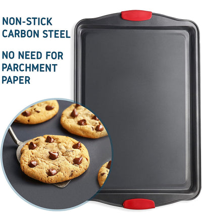 JoyTable Baking Pans Set - 15PC Baking Set with Silicone Handles, Durable Steel Baking Tray Set for Oven, BPA Free Bakeware Sets, Oven Safe Bakeware for Baking, Nonstick Set with Utensils, Black & Red- NEW IN BOX!!!!