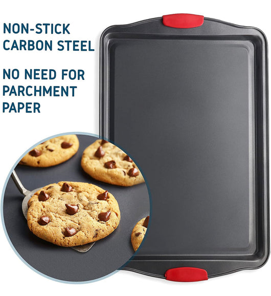 JoyTable Baking Pans Set - 15PC Baking Set with Silicone Handles, Durable Steel Baking Tray Set for Oven, BPA Free Bakeware Sets, Oven Safe Bakeware for Baking, Nonstick Set with Utensils, Black & Red- NEW IN BOX!!!!