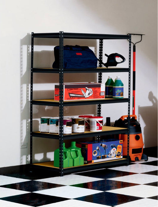 Muscle Rack 48"W x 24"D x 72"H 5-Shelf Steel Shelving, Black!! NEW IN BOX, MINOR CHIPPING ON BOARD(PHOTOS SHOWN)!!