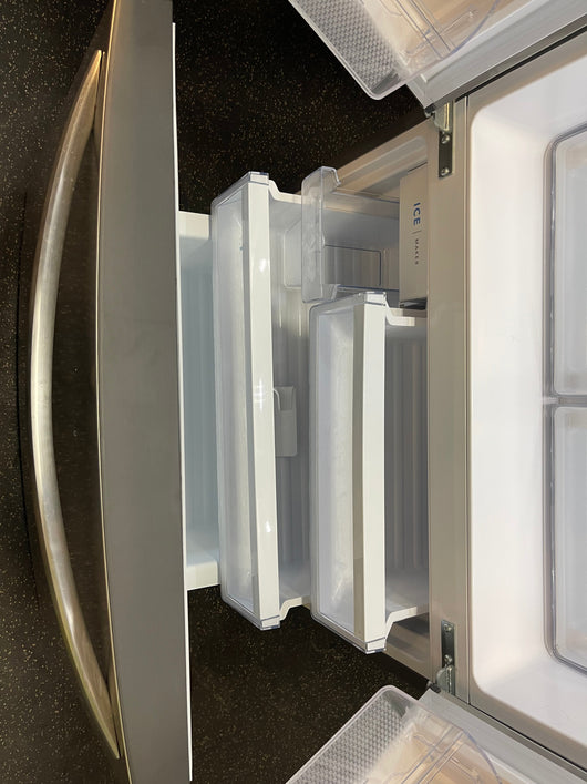 Frigidaire 17.6-cu ft Counter-depth French Door Refrigerator with Ice Maker (Brushed Steel) ENERGY STAR Item #4142878 Model #FRFG1723AV- scratch and dent unit - minor shipping cosmetic scratches- see pics please