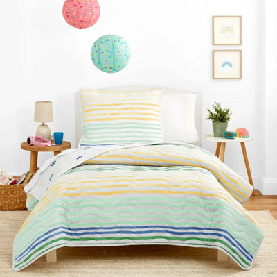 Gap Home Kids Rainbow Stripe Organic Cotton Blend Reversible Quilt Set, Full/Queen, Green Multi, 3-Pieces- NEW!!!