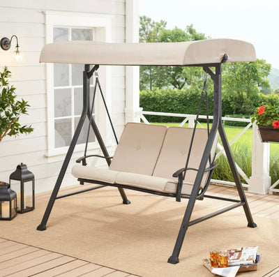 Mainstays Belden Park 2-Person Outdoor Furniture Patio Porch Swing with Canopy, Beige- NEW IN BOX!!!!