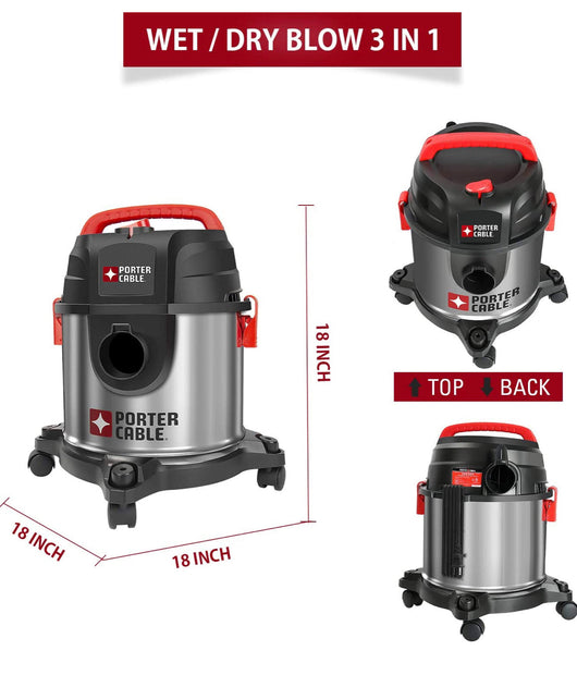 PORTER-CABLE Wet/Dry Vacuum 4 Gallon 4HP Stainless Steel Light Weight Portable, 3 in 1 Function with Attachments, Silver+red**New in box**