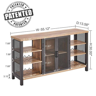 FATORRI Industrial Wine Bar Cabinet for Liquor and Glasses, Farmhouse Wood Coffee Bar Cabinet with Wine Rack, Metal Sideboard and Buffet Cabinet (55 Inch, Rustic Oak)**New in box**