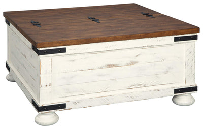Signature Design by Ashley Wystfield Farmhouse Square Storage Coffee Table with Hinged Lift Top, Distressed White**New in box**