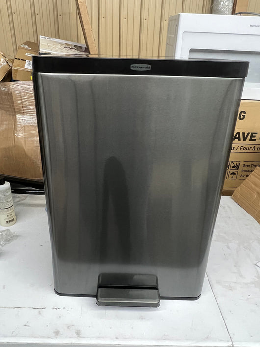 Rubbermaid Stainless Steel Metal Step-On Trash Can for Home and Kitchen, Charcoal, 12 Gallon!! NEW OUT OF BOX, MINOR DENT FROM SHIPPING!!