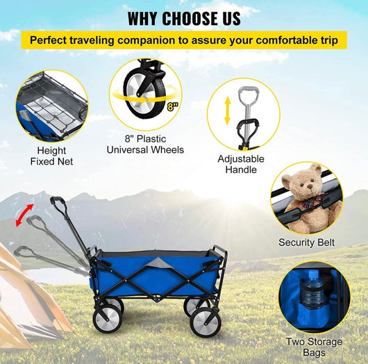 VEVOR Folding Wagon Cart, 176 lbs Load, Outdoor Utility Collapsible Wagon w/Adjustable Handle & Universal Wheels, Portable for Camping, Grocery, Beach, Blue & Gray!! NEW OUT OF BOX!!
