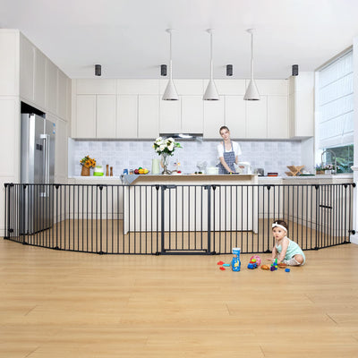 COMOMY 198" Baby Gate Extra Wide, Dog Gate Pet Gate for House Stairs Doorways Fireplace, Adjustable 3 in 1 Play Yard Child Safety Gate, Auto Close, Hardware Mounted (30" Tall, Black)**New in box**