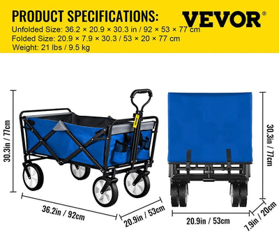 VEVOR Folding Wagon Cart, 176 lbs Load, Outdoor Utility Collapsible Wagon w/Adjustable Handle & Universal Wheels, Portable for Camping, Grocery, Beach, Blue & Gray!! NEW OUT OF BOX!!