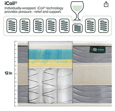 ZINUS 12 Inch Green Tea Cooling Gel Memory Foam Hybrid Mattress / Pocket Innersprings for Motion Isolation / Edge Support, Full!! NEW IN BOX!!