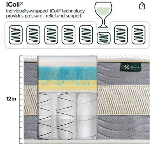 ZINUS 12 Inch Green Tea Cooling Gel Memory Foam Hybrid Mattress / Pocket Innersprings for Motion Isolation / Edge Support, Full!! NEW IN BOX!!