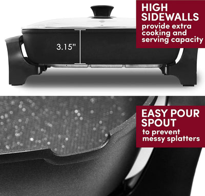 Elite Gourmet EG-6203# Extra Deep 16"x13"x3.2" (10.5Qt.) Scratch Resistant, Easy Pour Spout Dishwasher Safe, Non-stick Electric Skillet with Glass Vented Lid, Adjustable Temperature, Black- NEW IN BOX!!!