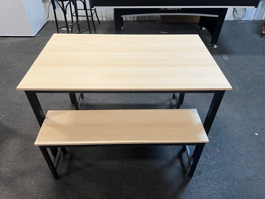AWQM Dining Table Set for 4, Kitchen Table Set with 2 Benches, 47.2Inch 3-Piece Dining Room Table Set with Metal Frame and MDF Board, Sturdy Structure, Space-Saving, Oak- NEW AND ASSEMBLED!!! (One corner has minor chipped from shipping)
