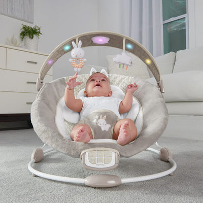 Ingenuity InLighten Baby Bouncer Seat with Light Up Bar and Bunny Tummy Time Pillow Mat - Twinkle Tails, Newborn and up**New in box**
