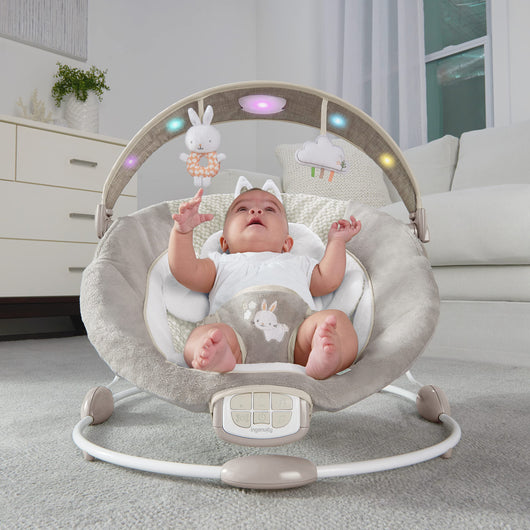 Ingenuity InLighten Baby Bouncer Seat with Light Up Bar and Bunny Tummy Time Pillow Mat - Twinkle Tails, Newborn and up**New in box**