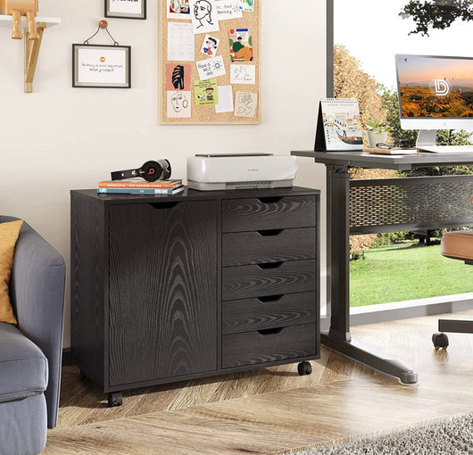 DEVAISE 5-Drawer Wood Dresser Chest with Door, Mobile Storage Cabinet, Printer Stand for Home Office, Black- NEW IN BOX!!!