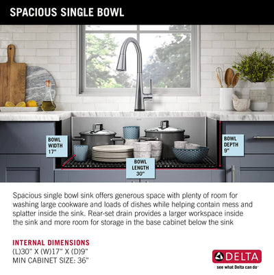 DELTA FAUCET Delta Lenta 32-inch Undermount 16 Gauge Stainless Steel Single Bowl Kitchen Sink with Accessories, Satin!! NEW IN BOX, MINOR BENT CORNER(PHOTOS SHOWN)!!