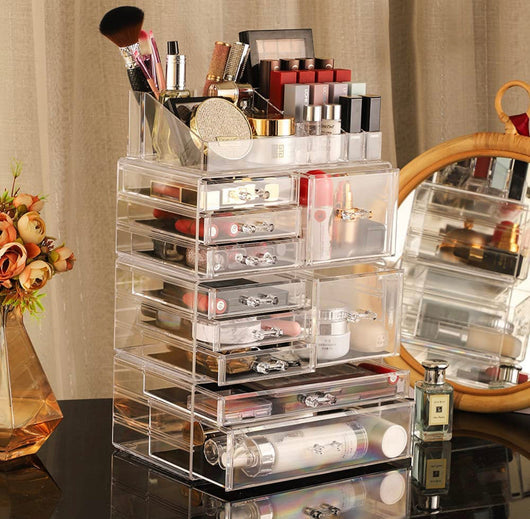 Cq acrylic Clear Makeup Storage Organizer Drawers Skin Care X Large Cosmetic Display Cases Stackable Storage Box With 10 Drawers For Dresser,Set of 4- NEW OUT OF BOX!!!
