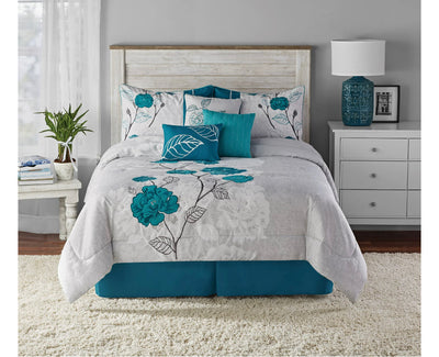 Mainstays 7 Piece Teal Roses Full/Queen Comforter Set ( new)