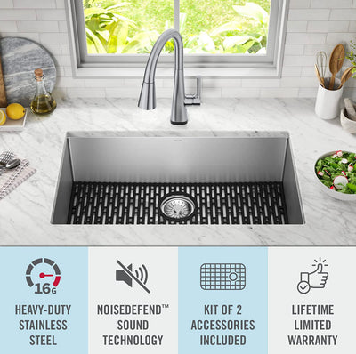 DELTA FAUCET Delta Lenta 32-inch Undermount 16 Gauge Stainless Steel Single Bowl Kitchen Sink with Accessories, Satin!! NEW IN BOX, MINOR BENT CORNER(PHOTOS SHOWN)!!