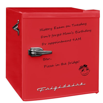Frigidaire, 1.6 Cu ft Retro Dry Erase Compact Refrigerator With Side Bottle Opener, (EFR177), Red**Used very few time, small dent and missing bottle opener**