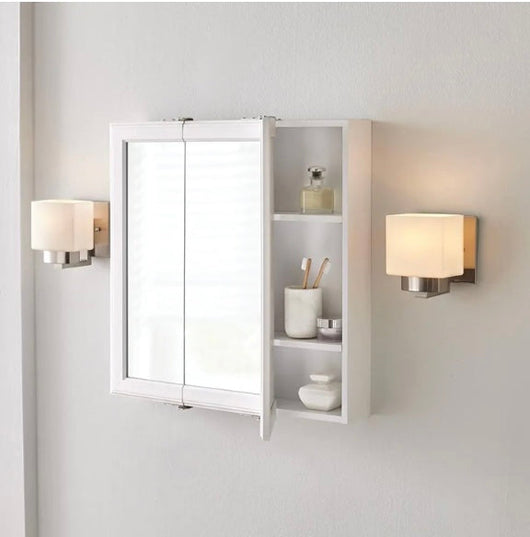 Home Decorators Collection  Fog Free Framed Surface-Mount Tri-View Bathroom Medicine Cabinet in White- NEW OUT OF BOX!!! (Minor damage from shipping, see photos)