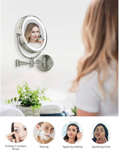 Ovente Lighted Wall Mounted Makeup Mirrors 8.5 Inch 1X 7X Magnifying Dimmable Circular LED Extended Neck Vanities 360 Degree Double Side Hardwired Install Operated Large, Nickel Brushed- NEW IN BOX!!!