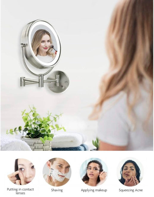 Ovente Lighted Wall Mounted Makeup Mirrors 8.5 Inch 1X 7X Magnifying Dimmable Circular LED Extended Neck Vanities 360 Degree Double Side Hardwired Install Operated Large, Nickel Brushed- NEW IN BOX!!!