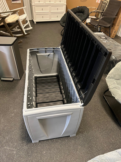 Keter Novel Outdoor 90 Gallon Plastic Deck Box, Black!! NEW AND ASSEMBLED, SIDE CRACKED(PHOTOS SHOWN)!!