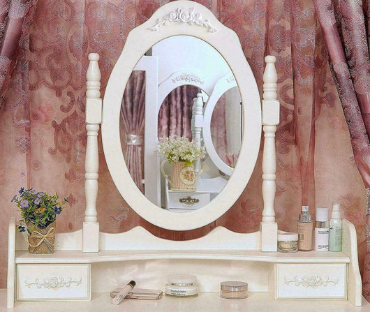 White Vanity Jewelry Makeup Dressing Table Set W/Stool 4 Drawer Mirror Wood Desk- NEW IN BOX!!!!