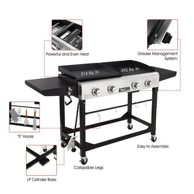 Royal Gourmet 4-Burner GD401 Portable Flat Top Gas Grill and Griddle Combo with Folding Legs- new in box