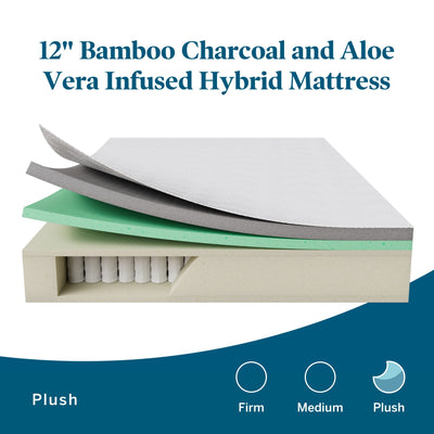 Lucid 12 Inch Hybrid Mattress – Bamboo Charcoal and Aloe Vera Infused- Memory Foam Mattress- Moisture Wicking – Odor Reducing- King Size**New in box**