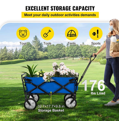 VEVOR Folding Wagon Cart, 176 lbs Load, Outdoor Utility Collapsible Wagon w/Adjustable Handle & Universal Wheels, Portable for Camping, Grocery, Beach, Blue & Gray!! NEW OUT OF BOX!!